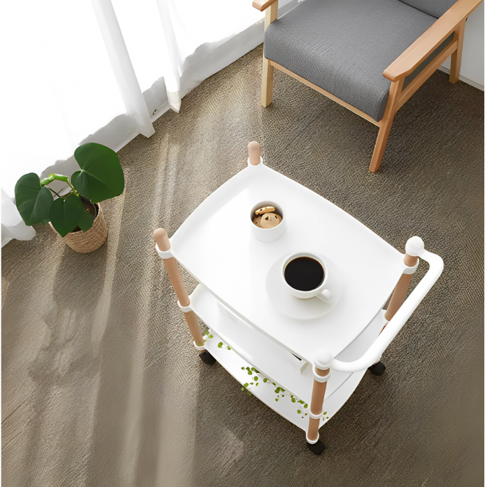 Masuta mobila cu maner, 3 blaturi din plastic, roti, Alb/Maro, 45 x 32 x 71 cm [5]