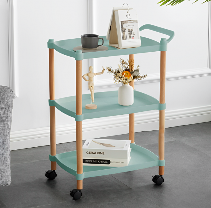 Masuta mobila cu maner, 3 blaturi din plastic, roti, Verde/Maro, 45 x 32 x 71 cm [6]