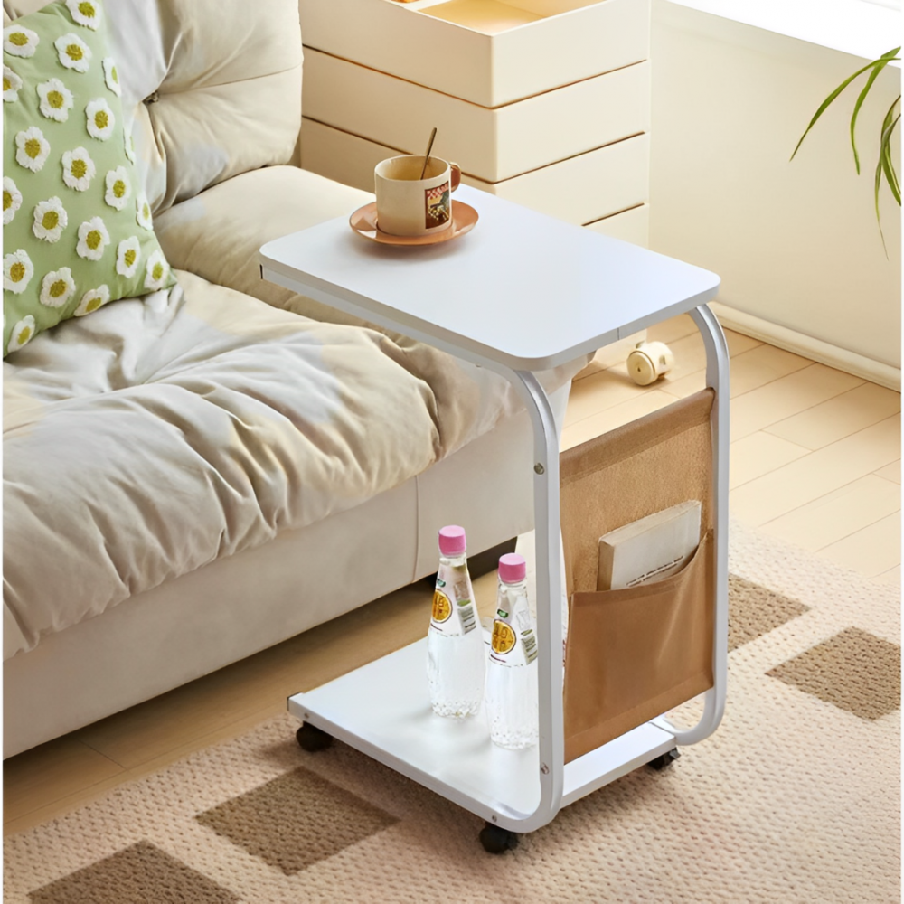Masuta mobila pentru cafea, 2 blaturi, din MDF, spatiu de depozitare, Alb-Gri, 45 x 30 x 65 cm [5]