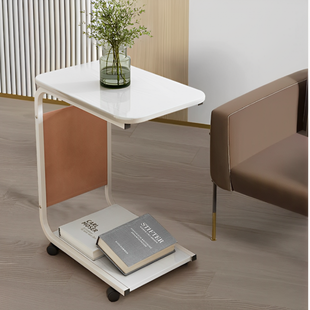 Masuta mobila pentru cafea, 2 blaturi, din MDF, spatiu de depozitare, Alb-Gri, 45 x 30 x 65 cm [4]
