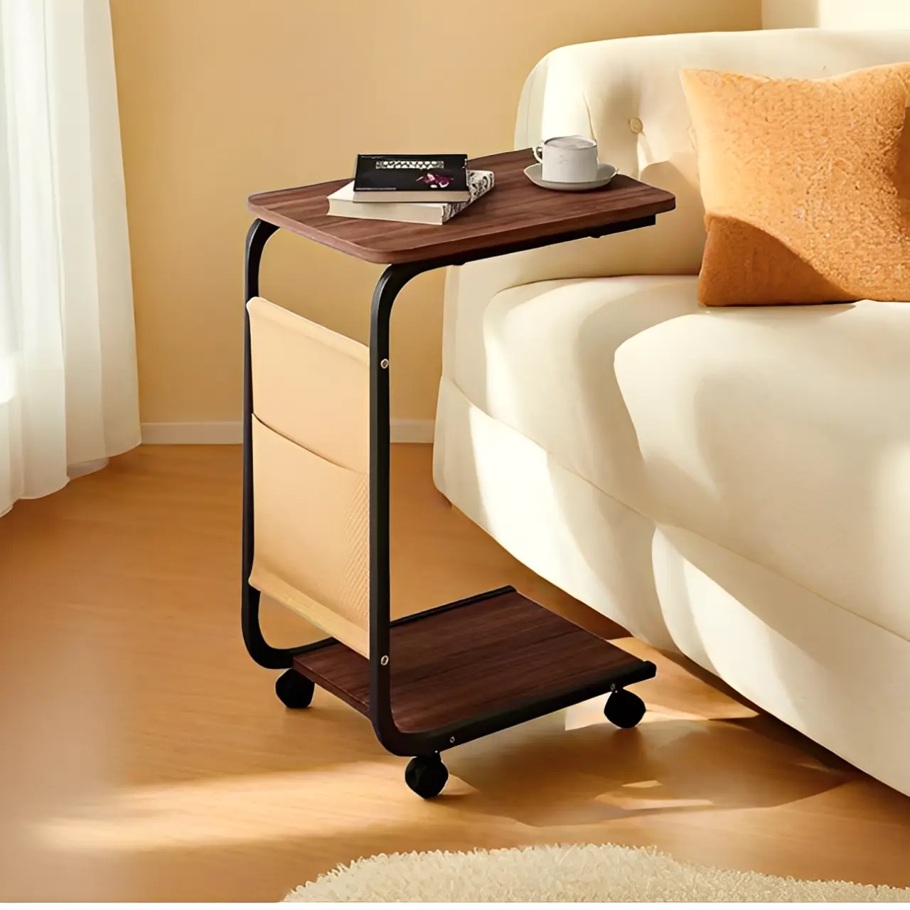 Masuta pentru cafea mobila, 2 blaturi MDF, buzunar de depozitare, Maro/Negru, 40 x 30 x 62 cm [2]