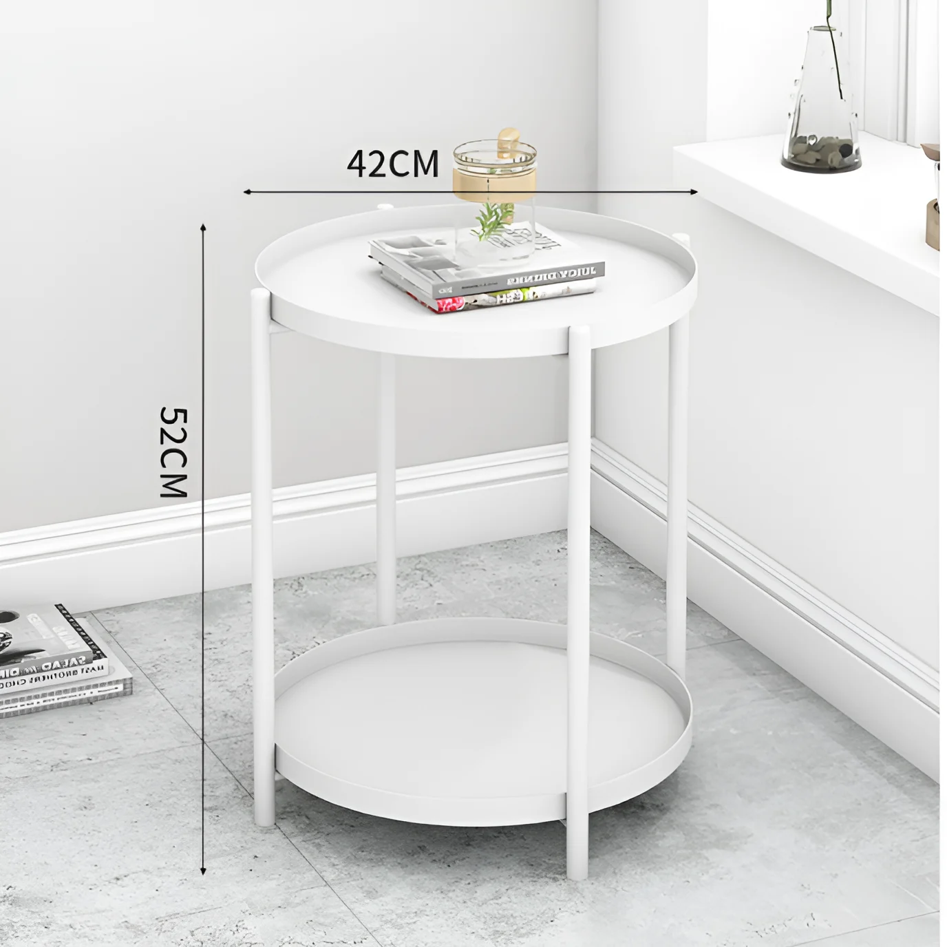 Masuta pentru cafea rotunda, metalica, cu 2 blaturi, Alb, 42 x 52 cm [2]
