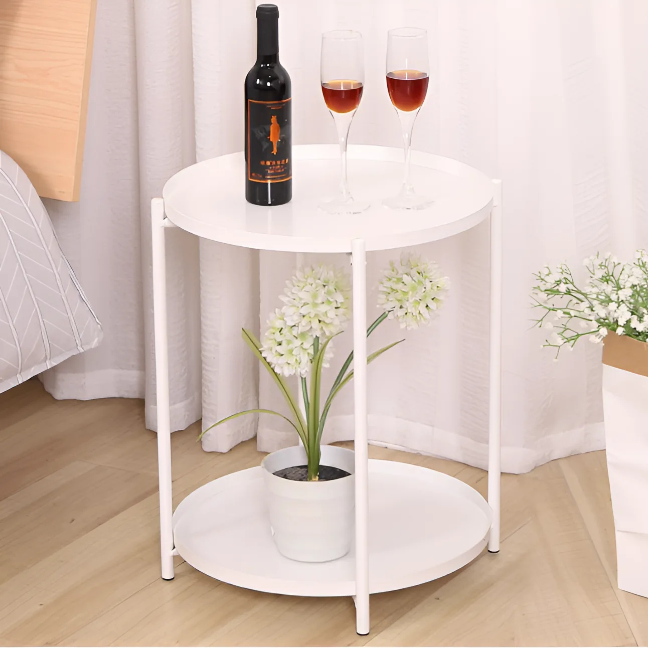 Masuta pentru cafea rotunda, metalica, cu 2 blaturi, Alb, 42 x 52 cm [4]