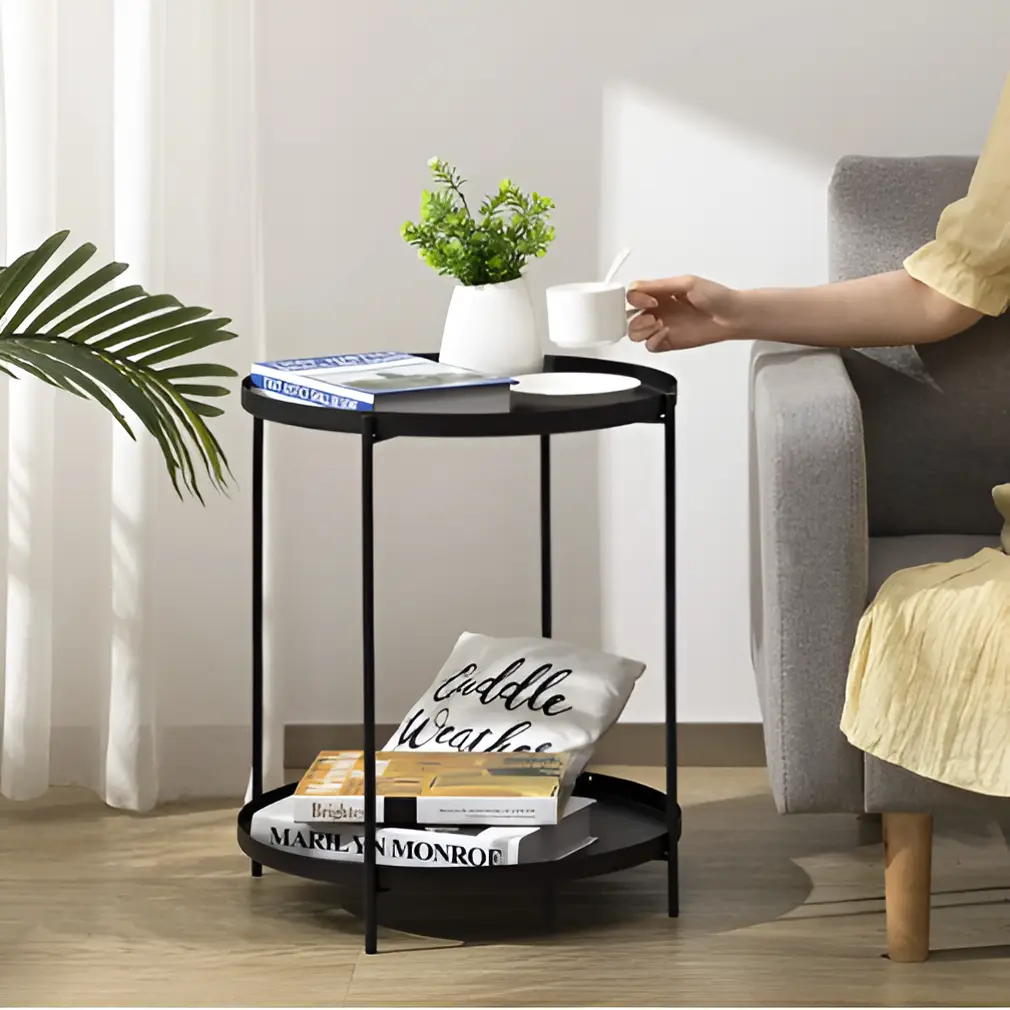 Masuta pentru cafea rotunda, metalica, cu 2 blaturi, Negru, 42 x 52 cm [6]