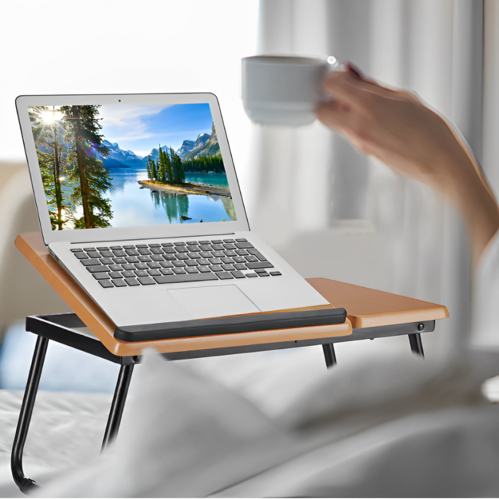 Masuta pentru laptop din MDF, cu suport pentru pahar, inclinare reglabila, Lemn, 60 x 32 x 25 cm [4]