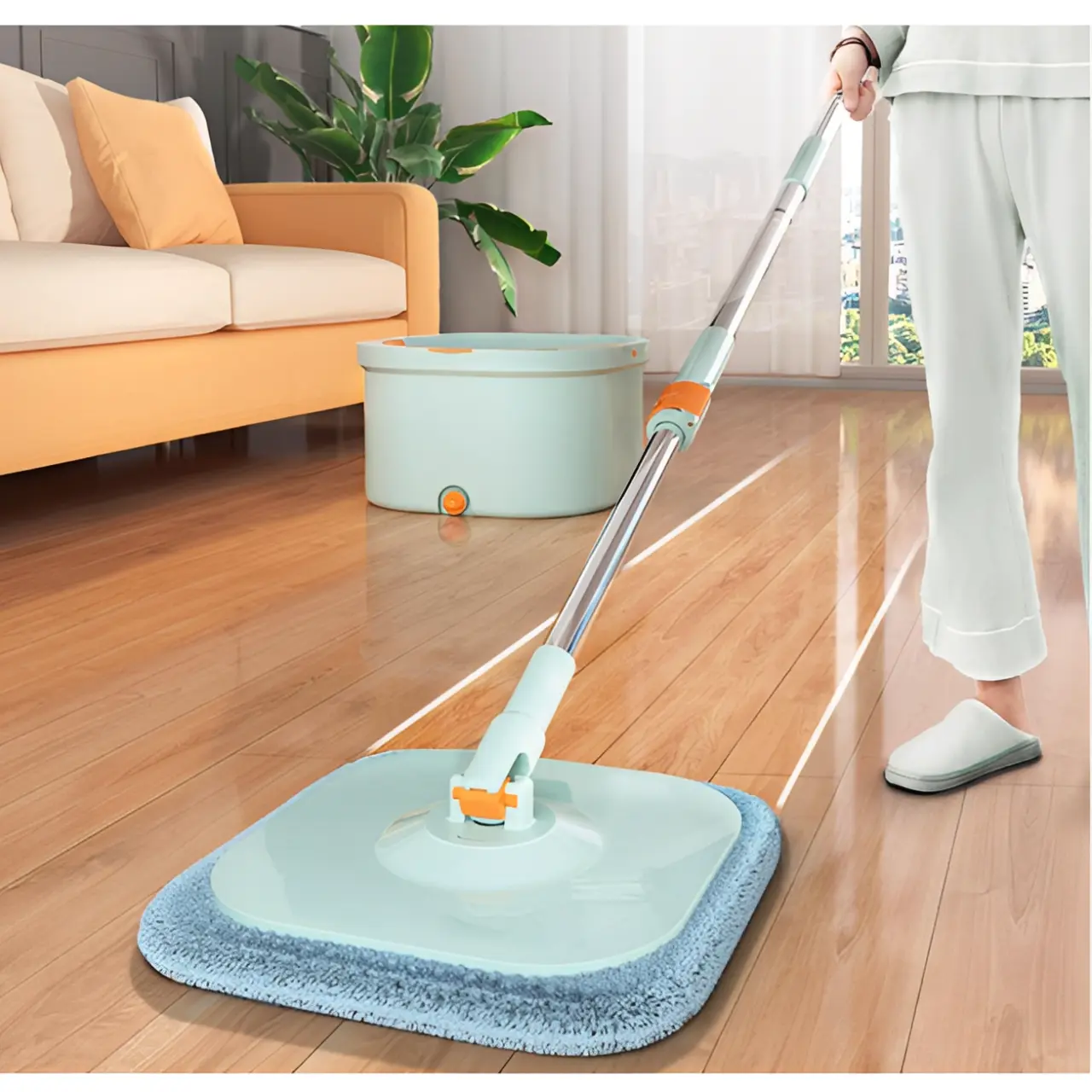 Mop patrat plat si galeata rotativa rotunda, separare apa, 4 lavete din microfibra, Verde/Portocaliu [2]