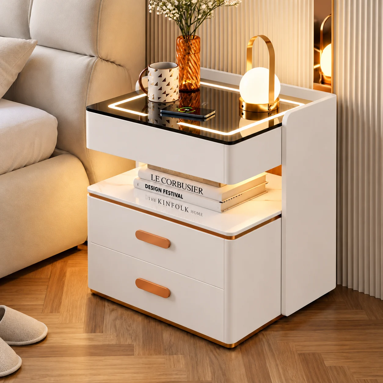 Noptieră Smart, Modernă, pentru Dormitor, Iluminare Ambientală LED, Blat Negru, Din sticla, Incarcare Wireless,3 Sertare Pentru Depozitare, Din MDF, Manere Aurii, Alb, 50 x 40 x 55 cm [5]