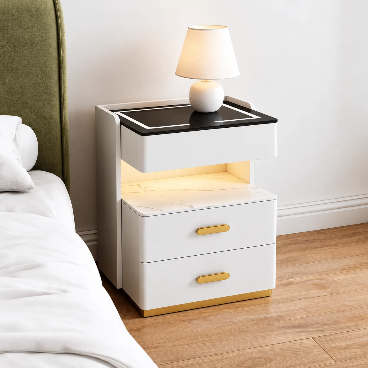 Noptieră Smart, Modernă, pentru Dormitor, Iluminare Ambientală LED, Blat Negru, Din sticla, Incarcare Wireless,3 Sertare Pentru Depozitare, Din MDF, Manere Aurii, Alb, 50 x 40 x 55 cm [3]