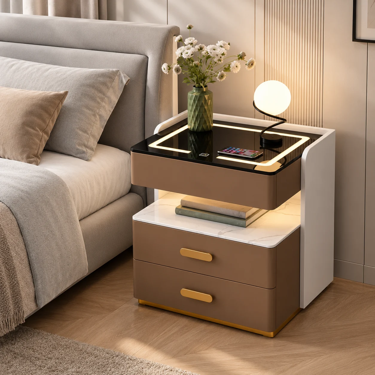 Noptieră Smart, Modernă, pentru Dormitor, Iluminare Ambientală LED, Blat Negru, Din sticla, Incarcare Wireless,3 Sertare Pentru Depozitare, Din MDF, Manere Aurii, Maro/Alb, 50 x 40 x 55 cm [6]