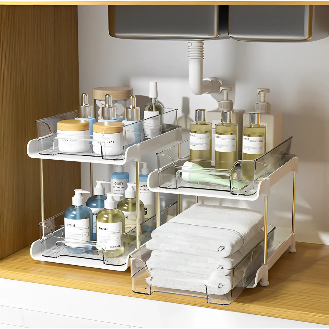 Organizator cu 2 tavite din plastic, glisante, Alb/Transparent, 20 x 29 x 23 cm [3]