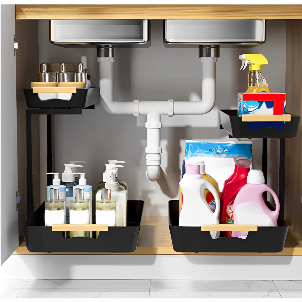 Organizator cu 2 tavite glisante, din plastic, Negru, 39.5 x 30 x 41.5 cm [6]