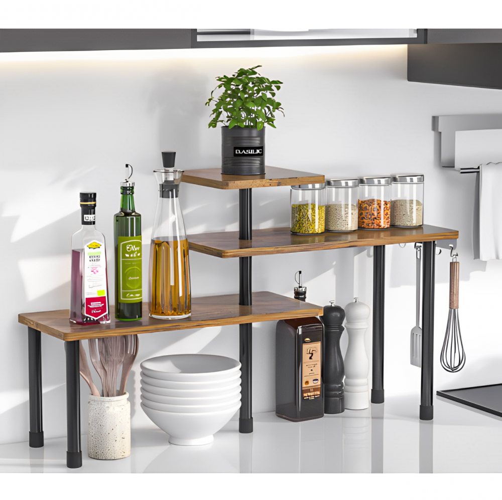 Organizator de colt pentru bucătărie, cu 3 rafturi rotative, Maro/Negru, 66 x 17.5 x 38 cm [4]