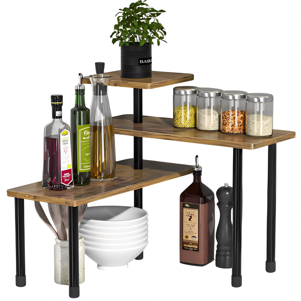 Organizator de colt pentru bucătărie, cu 3 rafturi rotative, Maro/Negru, 66 x 17.5 x 38 cm [2]
