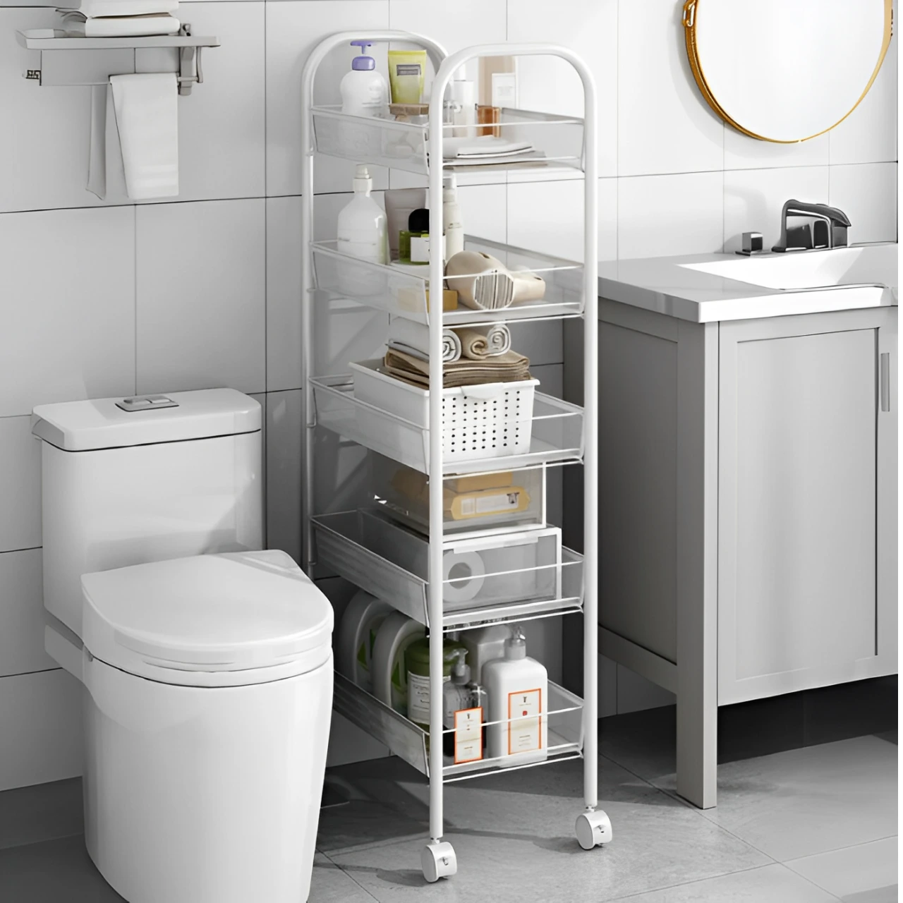 Organizator versatil cu 5 rafturi din plasă metalică și roți, structură metalică, Alb, 44 x 26 x 105 cm [4]
