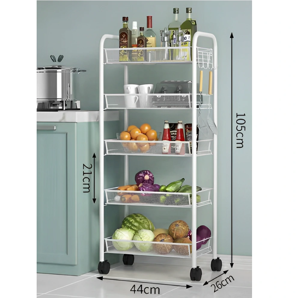 Organizator versatil cu 5 rafturi din plasă metalică și roți, structură metalică, Alb, 44 x 26 x 105 cm [2]
