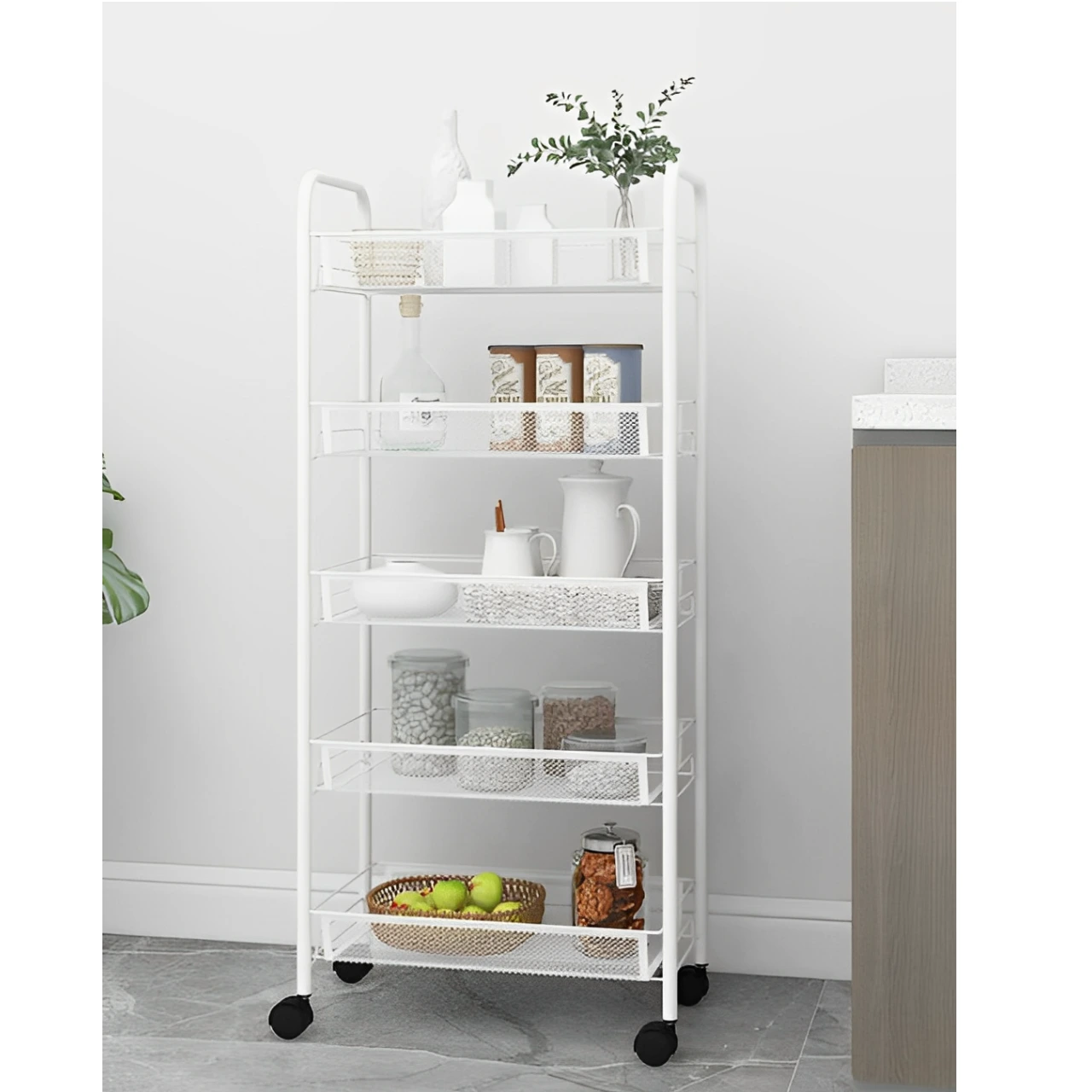 Organizator versatil cu 5 rafturi din plasă metalică și roți, structură metalică, Alb, 44 x 26 x 105 cm [3]