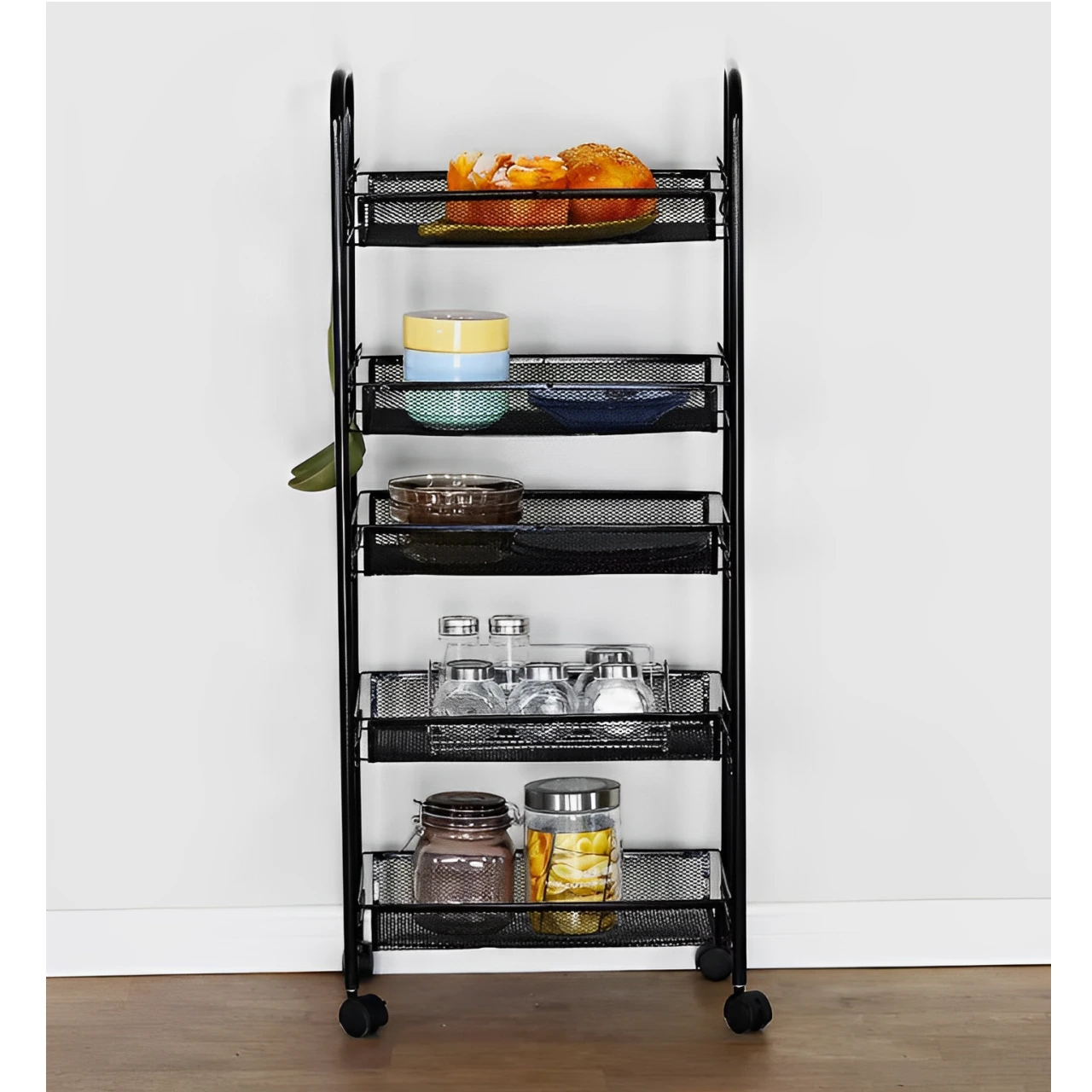 Organizator versatil cu 5 rafturi din plasă metalică și roți, structură metalică, Negru, 44 x 26 x 105 cm [5]