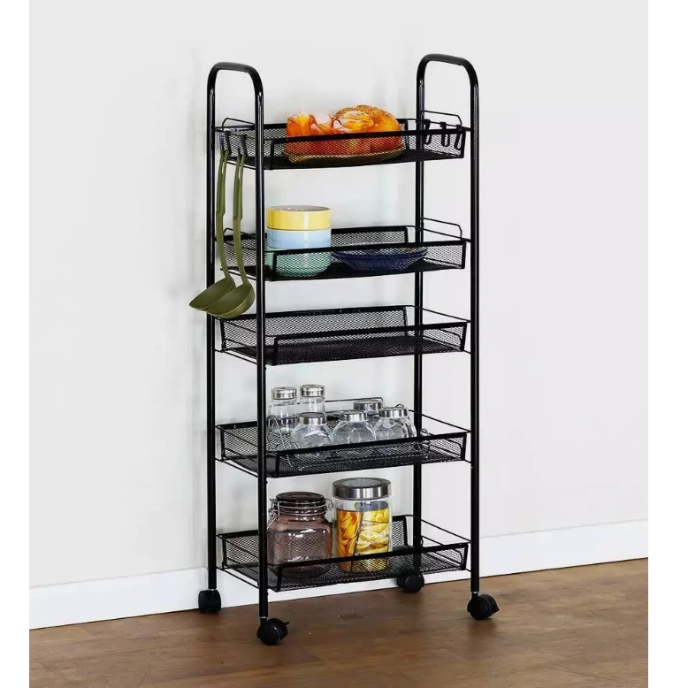 Organizator versatil cu 5 rafturi din plasă metalică și roți, structură metalică, Negru, 44 x 26 x 105 cm [4]