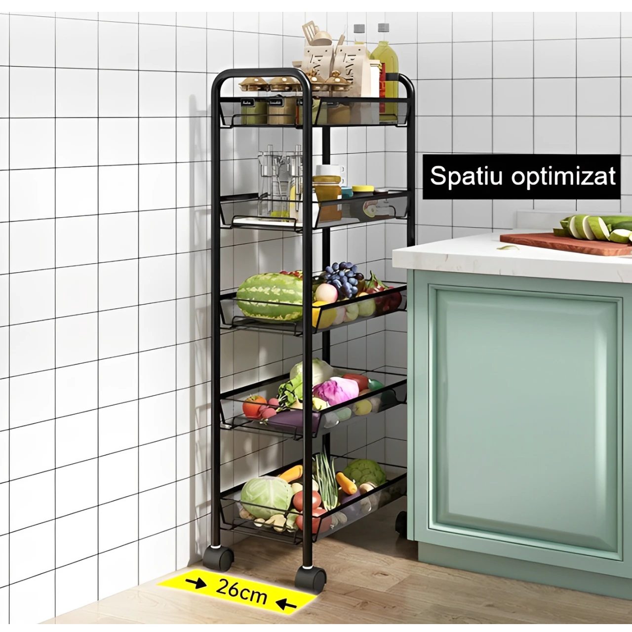 Organizator versatil cu 5 rafturi din plasă metalică și roți, structură metalică, Negru, 44 x 26 x 105 cm [3]