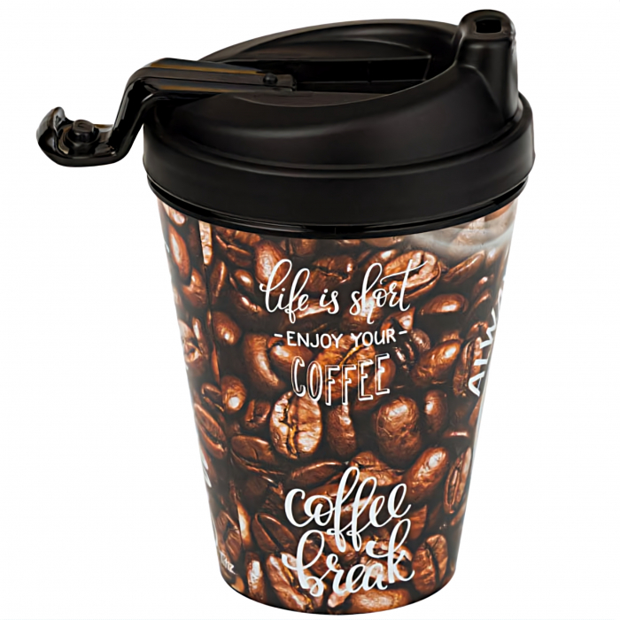 Pahar reutilizabil cu capac si imprimeu pentru cafea, 400 ml, Negru / Maro [3]