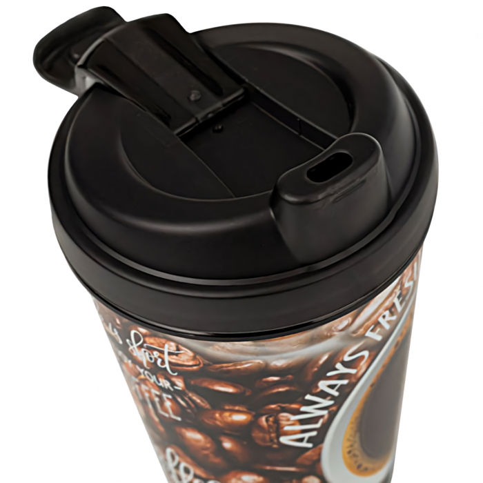 Pahar reutilizabil cu capac si imprimeu pentru cafea, 400 ml, Negru / Maro [2]
