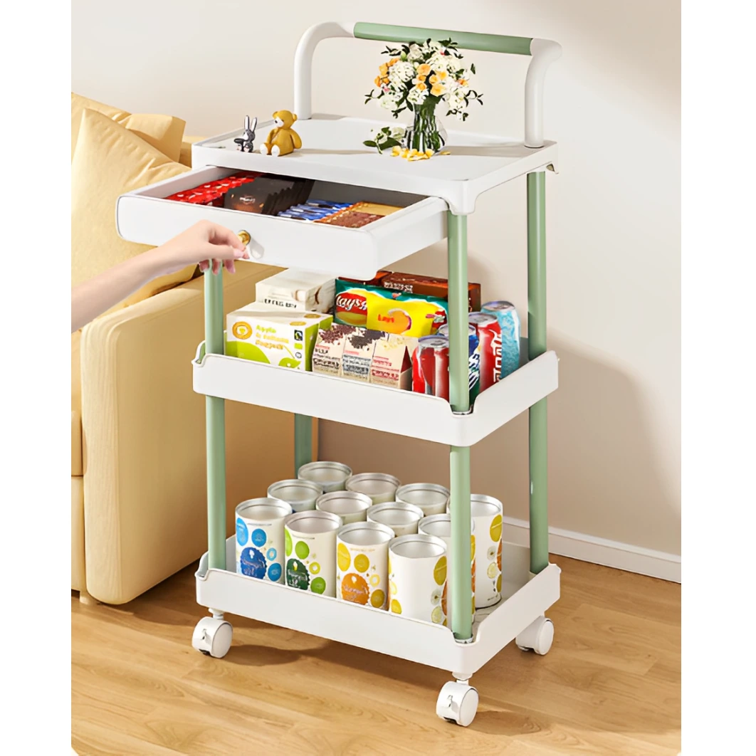Raft cu 3 polițe și sertar, cu roți, din plastic, Alb/Verde, 36.5 x 28 x 74.5 cm [4]