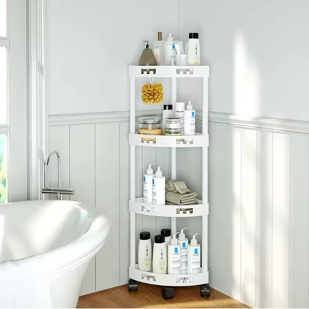 Raft de organizare pentru baie cu 4 etaje si roti, Alb, 34 x 24 x 93 cm [4]