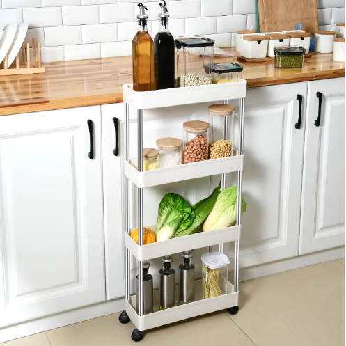 Raft de organizare pentru baie cu 4 etaje si roti, Alb, 40 x 13 x 87 cm [5]
