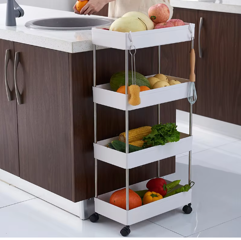 Raft de organizare pentru baie cu 4 etaje si roti, Alb, 40 x 13 x 87 cm [4]