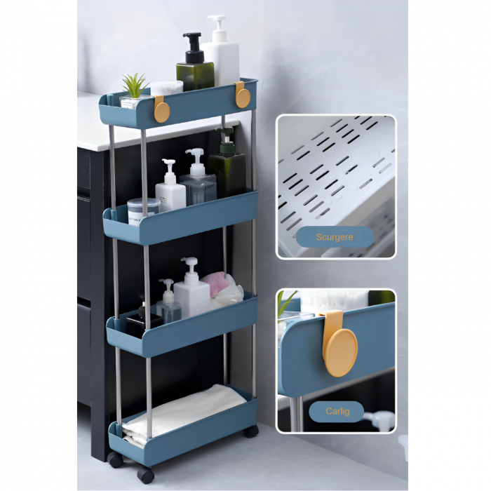 Raft de organizare pentru baie cu 4 etaje si roti, din plastic, Albastru, 40.5 x 23 x 93.5 cm [6]