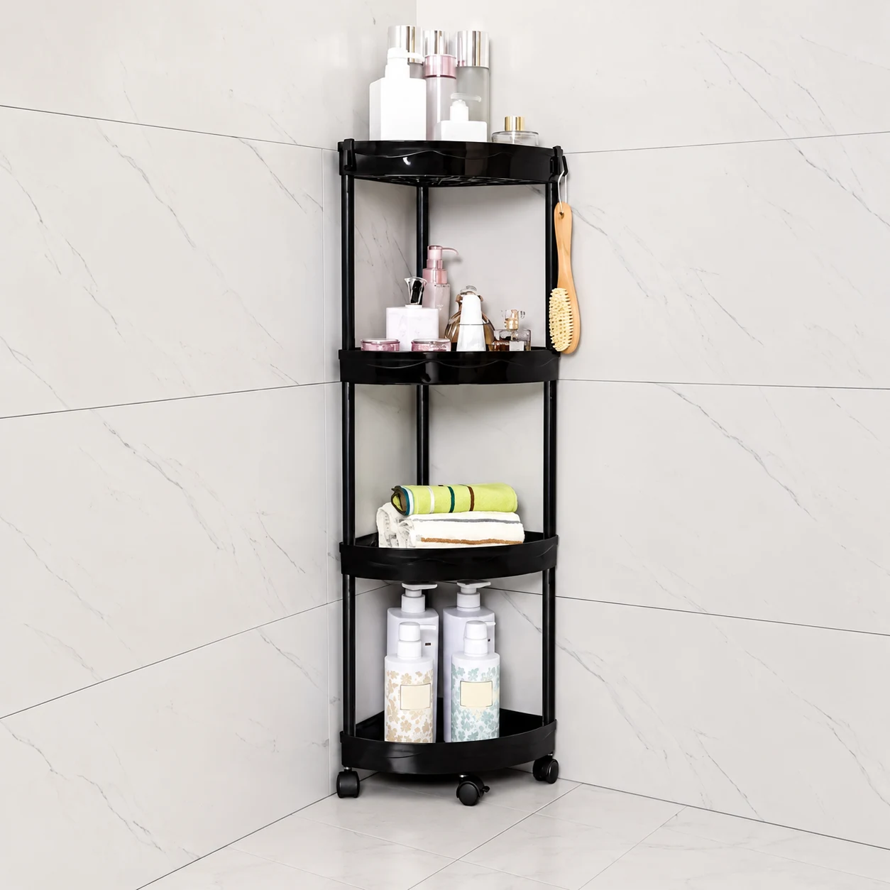 Raft de organizare pentru baie cu 4 etaje si roti, Negru, 34 x 24 x 93 cm [3]