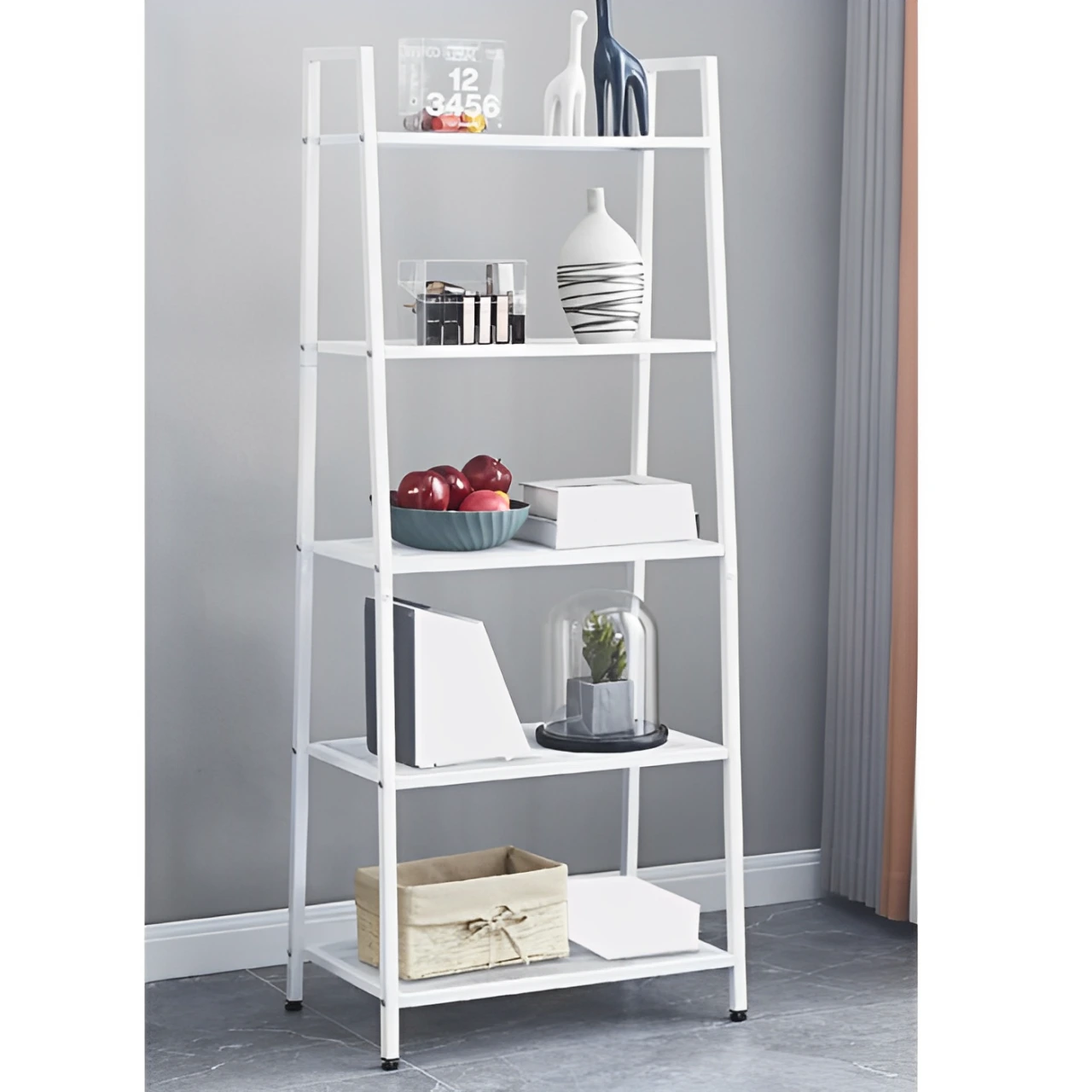 Raft decorativ pentru living, dormitor, birou, 5 polite, din metal, Alb, 61 x 37 x 150 cm [2]