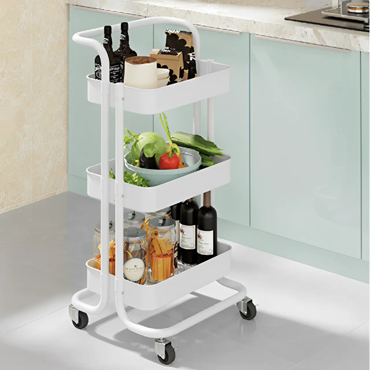 Raft metalic cu 3 compartimente, maner, roti, organizator, Herum, Alb, 42 x 37 x 85 cm [5]
