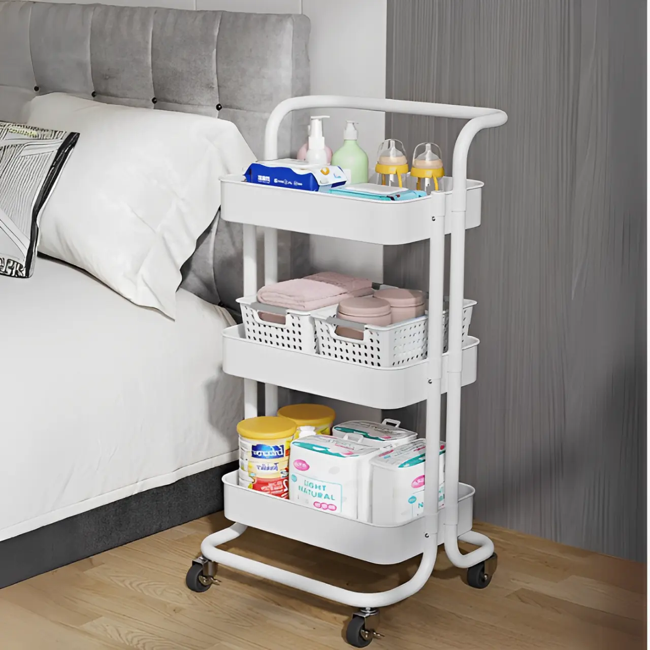 Raft metalic cu 3 compartimente, maner, roti, organizator, Herum, Alb, 42 x 37 x 85 cm [2]