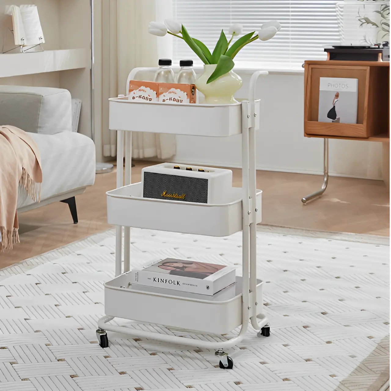 Raft metalic cu 3 compartimente, maner, roti, organizator, Herum, Alb, 42 x 37 x 85 cm [4]
