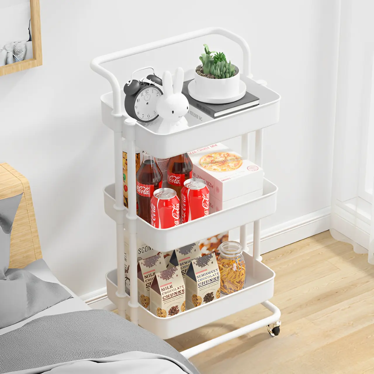 Raft metalic cu 3 compartimente, maner, roti, organizator, Herum, Alb, 42 x 37 x 85 cm [3]