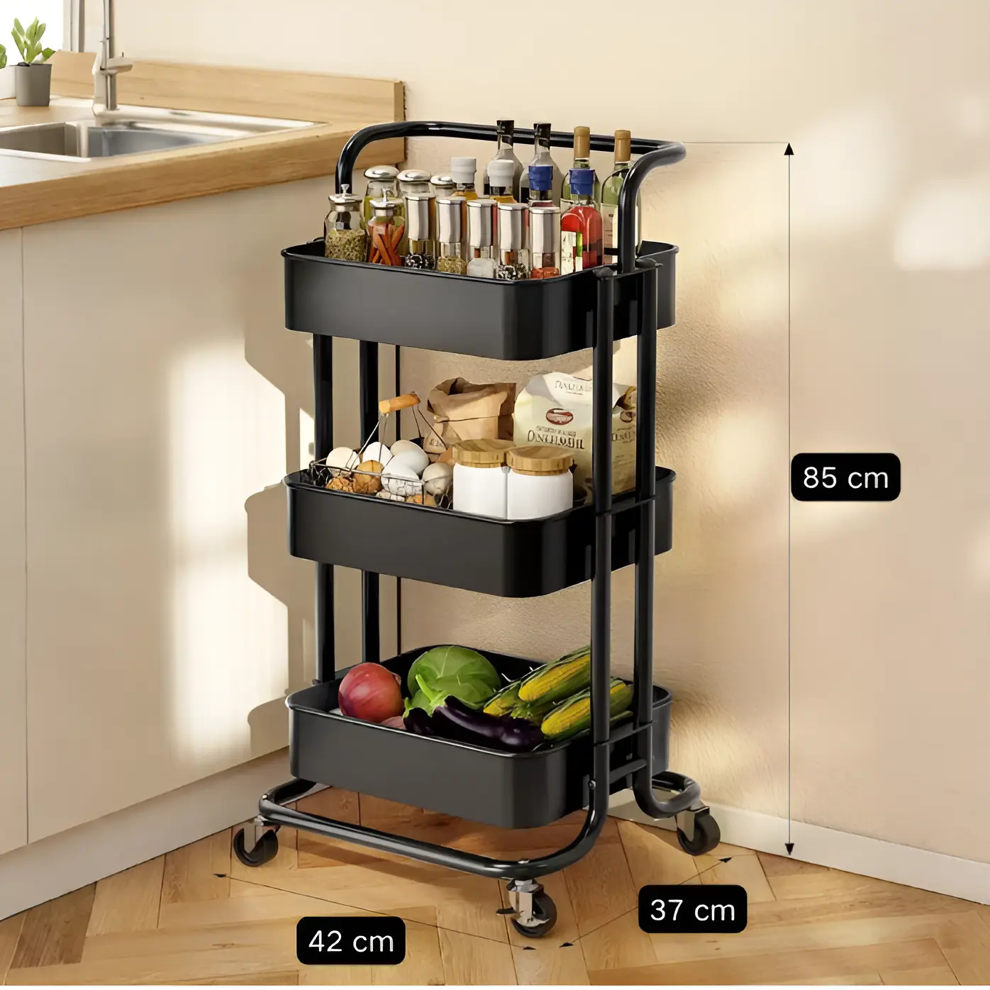 Raft metalic cu 3 compartimente, maner, roti, organizator, Negru, 42 x 37 x 85 cm [3]