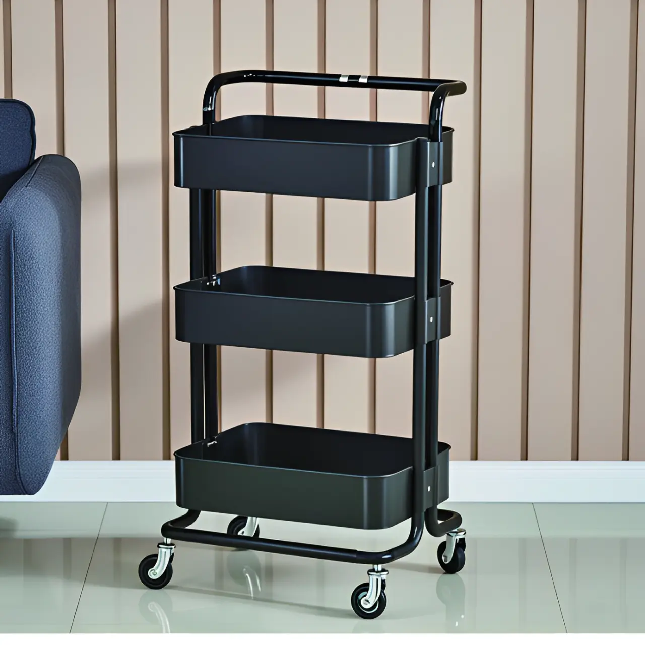 Raft metalic cu 3 compartimente, maner, roti, organizator, Negru, 42 x 37 x 85 cm [5]