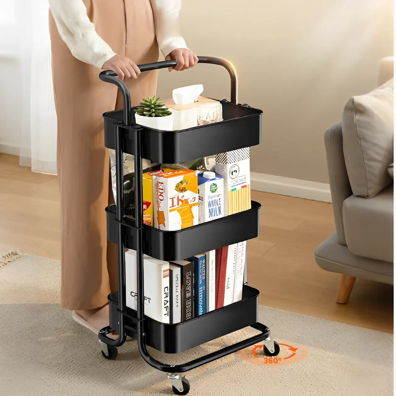 Raft metalic cu 3 compartimente, maner, roti, organizator, Negru, 42 x 37 x 85 cm [4]