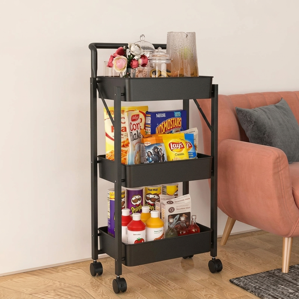 Raft metalic cu 3 compartimente, pliabil, maner, roti, organizator, Negru, 45 x 30 x 77 cm [6]