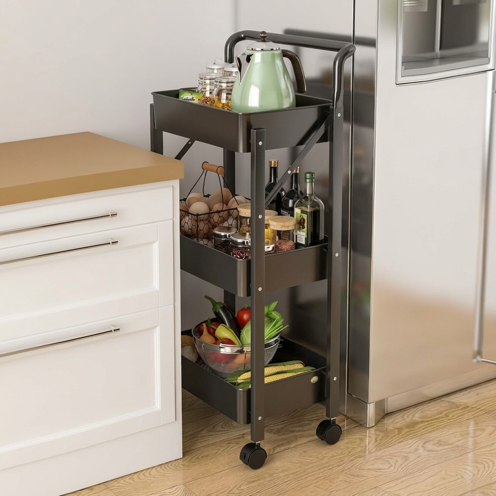 Raft metalic cu 3 compartimente, pliabil, maner, roti, organizator, Negru, 45 x 30 x 77 cm [2]