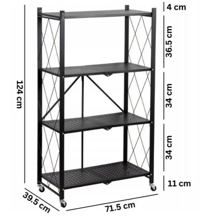 Raft metalic, cu 4 polite, cu roti, pliabil, organizator, potrivit pentru organizare, cu diferite utilizari, Negru, 71.5 x 39.5 x 124 cm [6]