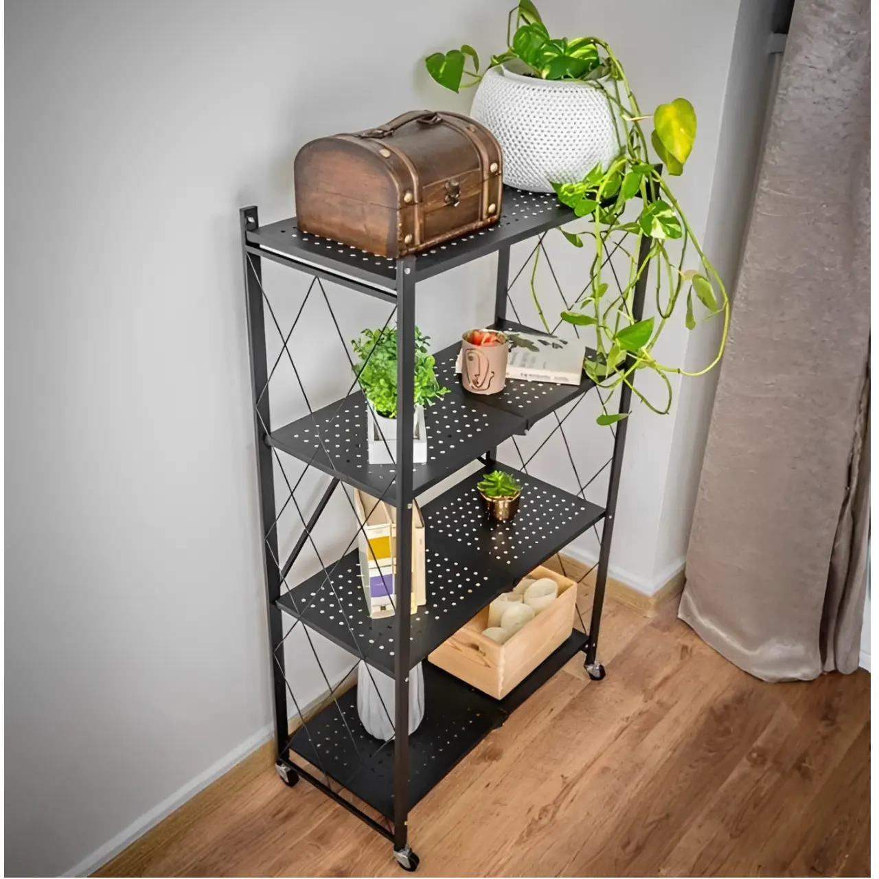 Raft metalic, cu 4 polite, cu roti, pliabil, organizator, potrivit pentru organizare, cu diferite utilizari, Negru, 71.5 x 39.5 x 124 cm [2]