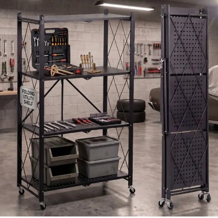 Raft metalic, cu 4 polite, cu roti, pliabil, organizator, potrivit pentru organizare, cu diferite utilizari, Negru, 71.5 x 39.5 x 124 cm [4]