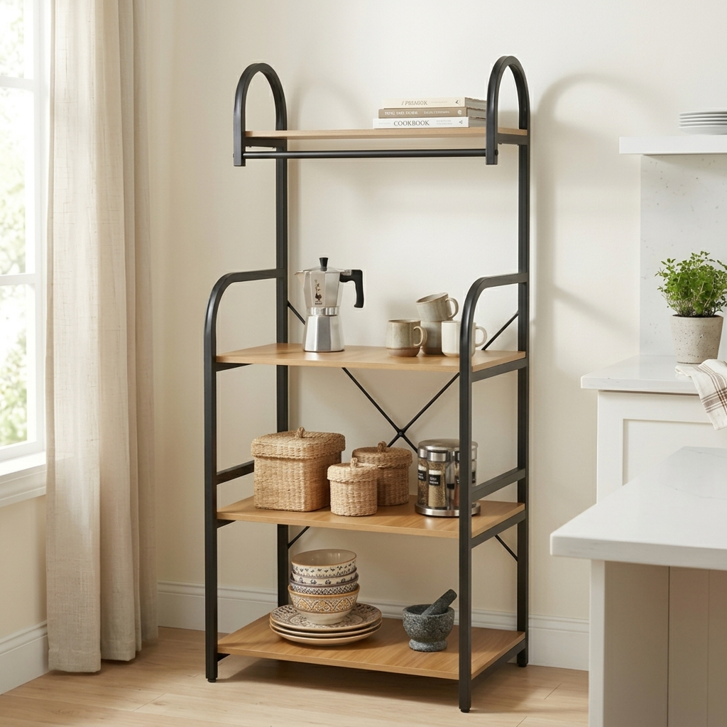 Raft pentru depozitare, cu 4 polite, din MDF, cadru metalic, ideal pentru organizare, Maro/Negru, 60 x 50 x 150 cm [6]