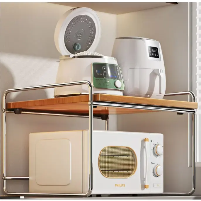 Raft pentru microunde, cadru metalic, polita MDF, organizator bucatarie, Gri/Maro, 50.5 cm x 36 cm x 48.5 cm [4]