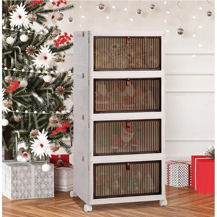 Raft pliabil de depozitare, 4 niveluri, din plastic, cu roti, organizare prin stivuire sau de sine statatoare, Alb/Gri, 39 x 28 x 80 cm [4]