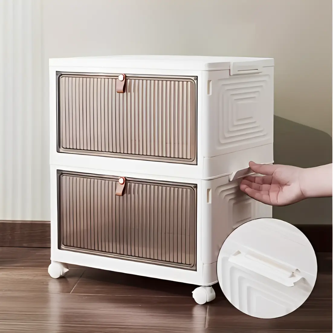 Raft pliabil de depozitare, din plastic, cu roti, organizare prin stivuire sau de sine statatoare, Alb/Gri, 39 x 28 x 60 cm [2]