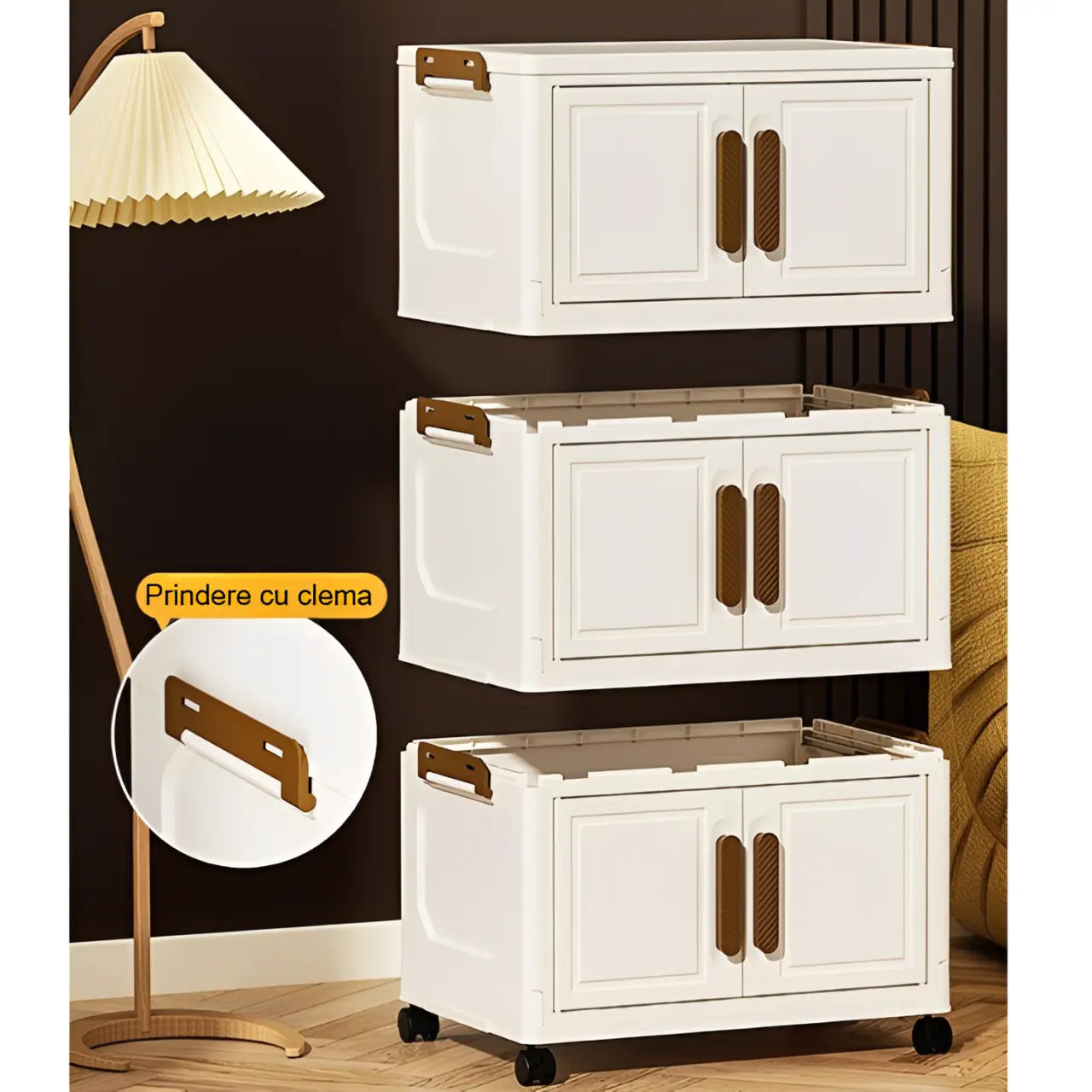 Raft pliabil de depozitare, stil dulap, 3 niveluri, din plastic, cu roti, organizare prin stivuire sau de sine statatoare, Crem/Maro, 40 x 26 x 67 cm [2]