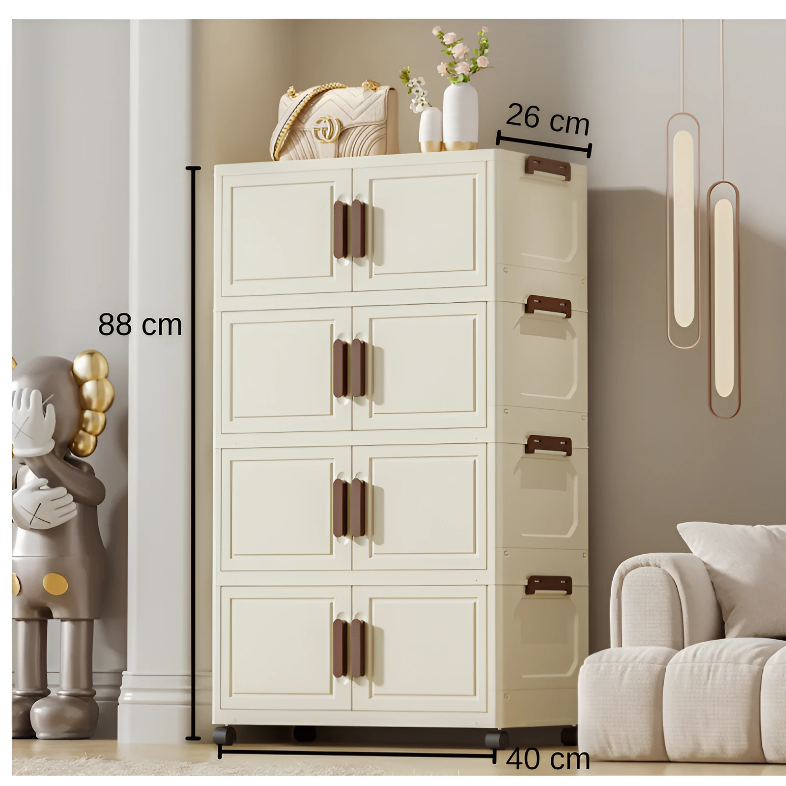 Raft pliabil de depozitare, stil dulap, 4 niveluri, din plastic, cu roti, organizare prin stivuire sau de sine statatoare, Crem/Maro, 40 x 26 x 88 cm [6]